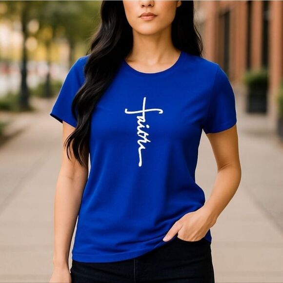 Blue T-Shirt with Faith Graphic Medium Handmade - Picture 1 of 7